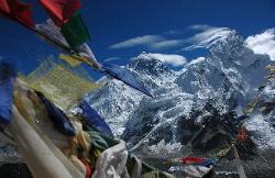 Another view of Everest; Lhotse and Nuptse rising above the prayerflags.
