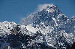Close-up of Mount Everest and its north face from Gokyo Ri;  the main route from the Tibetan side follows up the left shoulder.