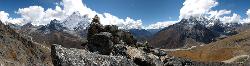 Panorama view from Nagkartsang; the Chukung valley at the left; way to Tengboche in the center valley; and the Cho La pass to Gokyo at the very right.
