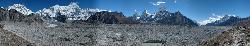 Panorama view from fifth lake down to Gokyo; the glacier's groans indicate the constant slow movement of the ice and rubble.
