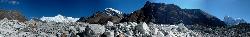 Panorama from the middle of the glacier; a maze of trails to get to Gokyo.