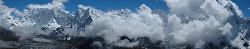 Panorama from a viewpoint above Chukung; later in the day clouds move in but still reveals the view over xxx Thso ; several 6'000 meter peaks and Ama Dablam at the very right.