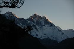 Sunrise on Mount Everest and Lhotse from Kumjung; though it is bitter cold it is always worth getting up early.