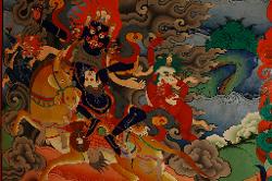 Palden Lhamo; protector deity of Tibet; is depicted on the wall of  a new hall that contains nice statues.